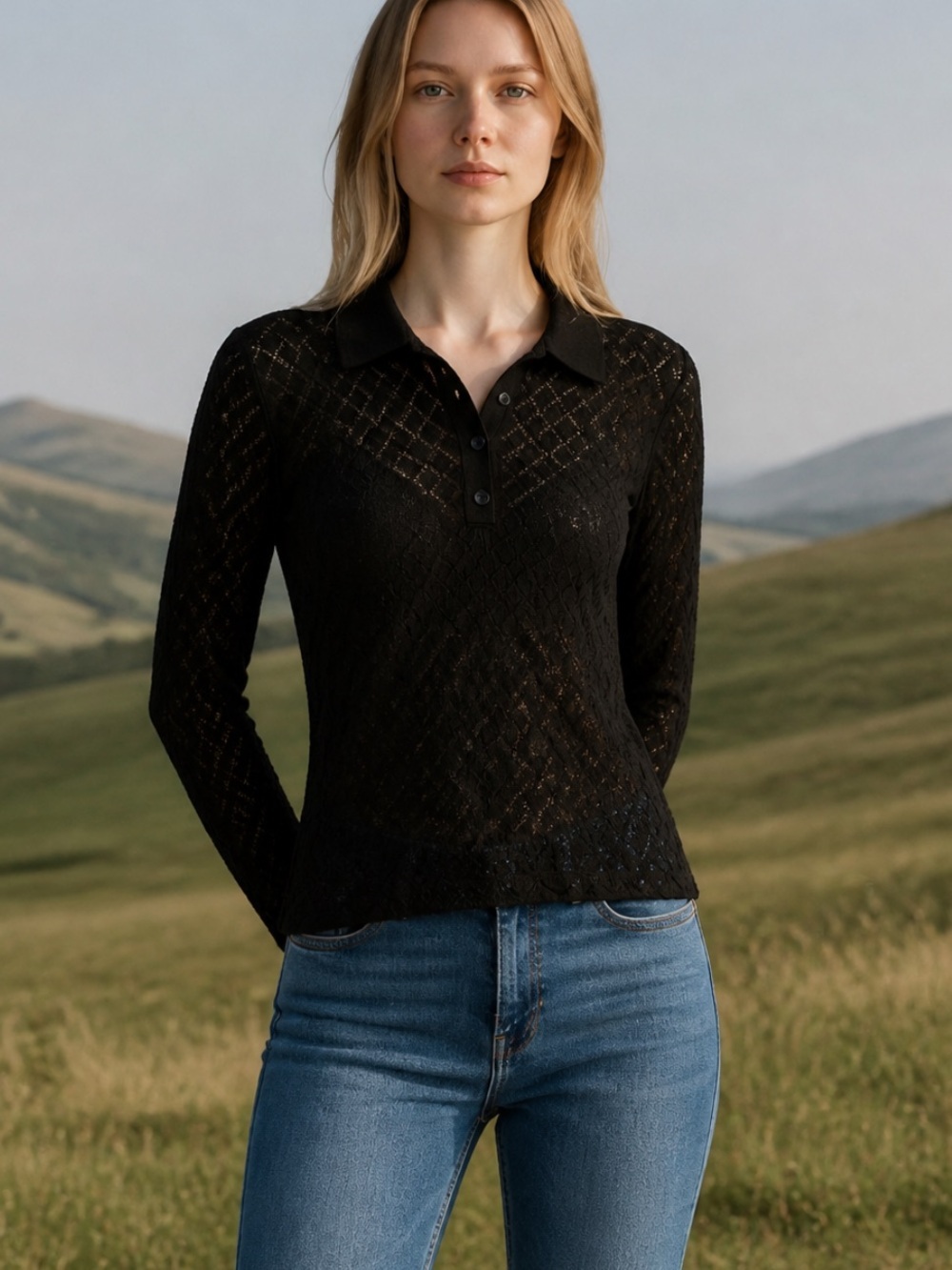 Zara Black Pointelle Knit Polo Long Sleeve Top Size Small